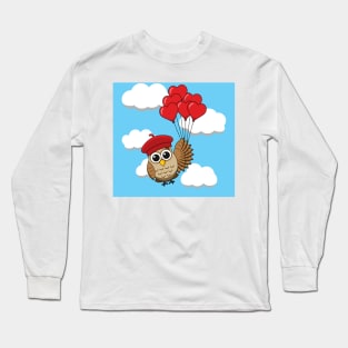 Cute Owl Flying with Heart Balloons in Blue Sky Long Sleeve T-Shirt